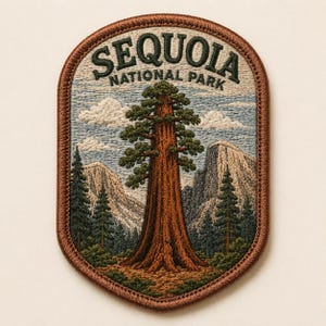 May include: Embroidered patch featuring a detailed landscape of Sequoia National Park. The design includes a large redwood tree, mountains, and the text "SEQUOIA NATIONAL PARK" in green. The patch has a brown border and a light blue sky.