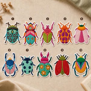 May include: A collection of ten embroidered beetle patches arranged in two rows, numbered one through ten. Each patch features a unique insect design with vibrant, multi-colored thread work, including shades of blue, green, pink, orange, and red.