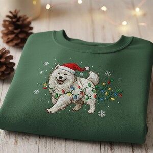 Custom Samoyed Christmas Embroidered Sweatshirt – Cute Holiday Dog Wrapped in Lights – Winter Pet Lover Crewneck Gift