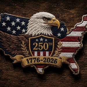 May include: Embroidered patch in the shape of the United States, featuring an eagle and the American flag. The patch commemorates the 250th anniversary, with the years 1776-2026 displayed on a banner. The design incorporates red, white, blue, and gold.
