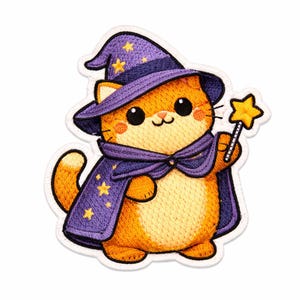 May include: Embroidered patch of an orange cat wizard. The cat is wearing a purple wizard hat and cape with yellow star details, holding a star-shaped wand. The patch has a white border.