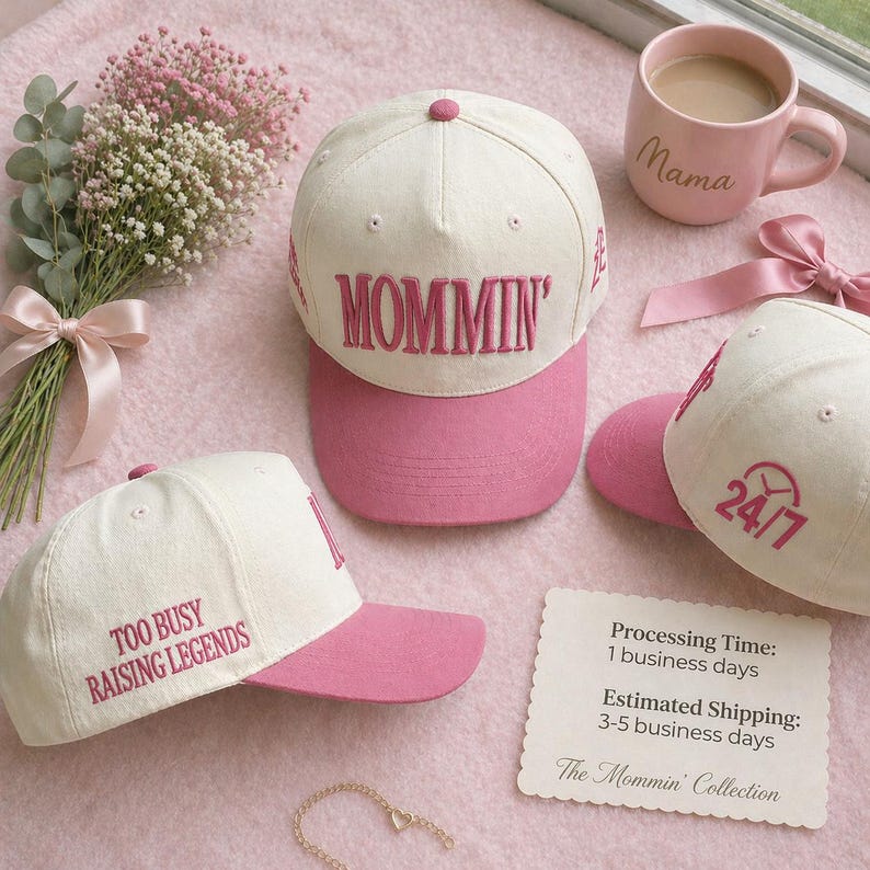 May include: A collection of baseball caps in cream and pink, with the text "MOMMIN'", "TOO BUSY RAISING LEGENDS", and "24/7". A pink mug with "Mama" is also present, along with a bouquet of flowers and a gold necklace.