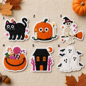 Custom Halloween Embroidered Patch, Black Cat Pumpkin Skeleton Haunted House Ghost Iron On Applique for Jacket Backpack Hat Gift