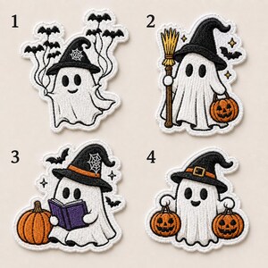 May include: Four embroidered patches featuring white ghosts in various Halloween scenes. Patch 1 shows a ghost with bats, patch 2 a ghost with a broom and pumpkin, patch 3 a ghost reading a book with a pumpkin, and patch 4 a ghost holding two pumpkins.