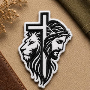 Custom Christian Embroidered Iron On Patch, Lion and Jesus Cross Patch, Religious Faith Applique for Jackets Bags Hats