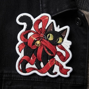 Custom Embroidered Black Cat Patch, Christmas Iron On Sew On Hook and Loop Patch, Cute Holiday Cat Lover Gift Badge