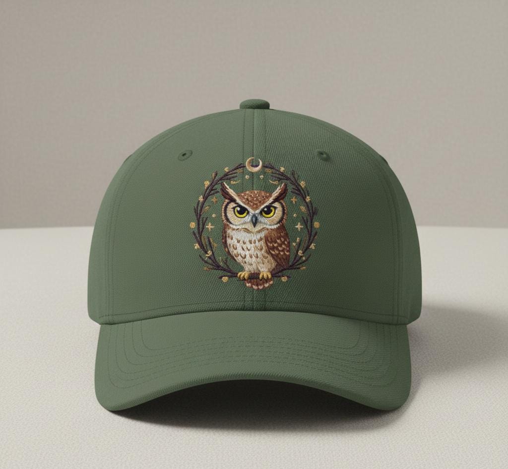 Custom Owl Embroidered Dad Hat &ndash; Woodland Bird Cap &ndash; Forest Nature Wreath Design &ndash;