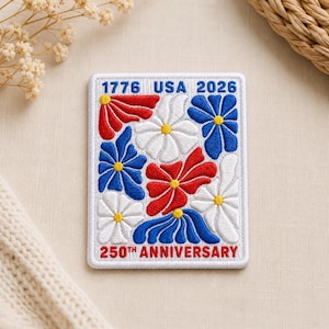 Custom Embroidered USA 250th Anniversary Floral Patch Patriotic Flower Iron On Applique Independence Celebration Decor
