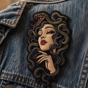 May include: Embroidered patch featuring Medusa with snakes for hair, closed eyes, and red lips and nails. The patch is attached to a denim jacket. The snakes are green and red, and the woman's skin is tan.
