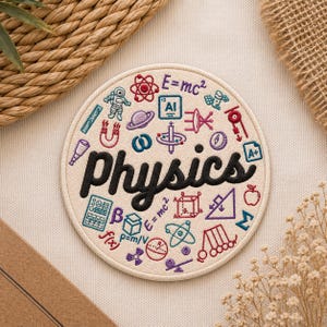 May include: A circular embroidered patch with the word "physics" in black script. The patch is cream-colored and features various science-related icons and formulas in multiple colors, including an astronaut, atom, and E=mc².