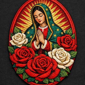 Peut inclure: Écusson brodé représentant une figure religieuse les mains jointes en prière, entourée d'un halo rouge et de roses. La figure porte un voile vert avec des étoiles dorées et une robe rouge. Des roses blanches et rouges sont à la base.