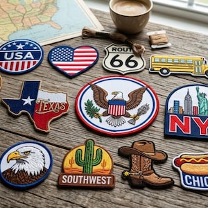 May include: A collection of embroidered patches with patriotic and travel themes. Patches include the USA, Route 66, Texas, NYC, Yosemite, and Chicago. Other patches feature a pie, an eagle, a cactus, a cowboy boot, and a school bus. The patches are arranged on a wooden surface.