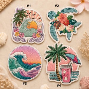 May include: Four embroidered patches with tropical themes. Designs include a wave with a sunset, a sea turtle with flowers, a circular wave design, and a palm tree with a drink and umbrella. Each patch has a white border.