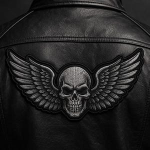 Custom embroidered winged skull back patch gothic biker large design iron on patch jacket back piece statement accessory
