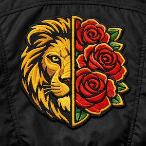 May include: Embroidered patch featuring a lion's face on the left and three red roses on the right. The lion is gold and the roses are red with green leaves. The patch is on a black background.