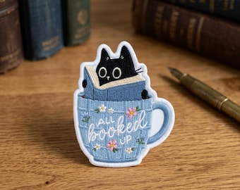 Custom Embroidered Book Lover Cat Iron On Patch Reading Coffee Jacket Backpack Badge Gift