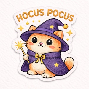 May include: A sticker of a cartoon orange cat in a purple wizard hat and cape, holding a golden wand. The words "Hocus Pocus" are above the cat. The cat has large eyes and a yellow bow tie.