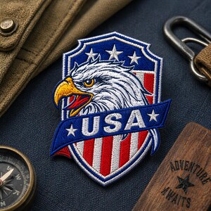 May include: Embroidered patch featuring a detailed bald eagle head with a yellow beak and piercing gaze, set against a shield design with red and white stripes. The patch includes a blue banner with the word "USA" and stars, evoking a patriotic theme.