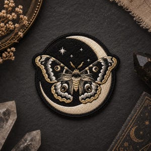 May include: Embroidered patch featuring a moth with detailed wing patterns, set against a crescent moon and stars on a black background. The moth has beige and black details, with gold accents. The patch is circular and suitable for clothing or accessories.