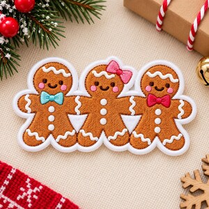 Embroidered Gingerbread Family Patch, Christmas Cookie Iron On Patch, Sew On Holiday Patch, Hook and Loop Festive Applique