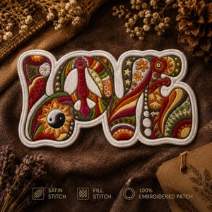 May include: Embroidered patch with the word "PEACE" in a colorful, psychedelic design. The patch features a yin-yang symbol, a peace sign, and floral and star motifs. The patch is outlined in white and has a satin stitch.