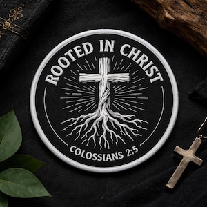 May include: A circular black patch with white text and a white cross design. The text reads "ROOTED IN CHRIST" and "COLOSSIANS 2:5". The cross has roots extending downwards, with radiating lines. A gold cross pendant is visible.