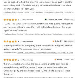 May include: A screenshot of customer reviews for an Etsy shop. The reviews are positive, with five-star ratings and comments about the quality of the sweatshirts and embroidery. The reviews mention custom designs and holiday themes.