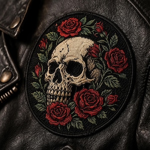 May include: Embroidered patch featuring a skull surrounded by red roses and green leaves. The patch is circular with a black background and is sewn onto a black leather jacket. The skull is beige and the roses are a vibrant red.