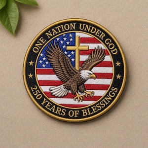 May include: A circular embroidered patch featuring a bald eagle in flight over a red, white, and blue American flag background with a gold cross. The black border contains the gold text ONE NATION UNDER GOD and 250 YEARS OF BLESSINGS.