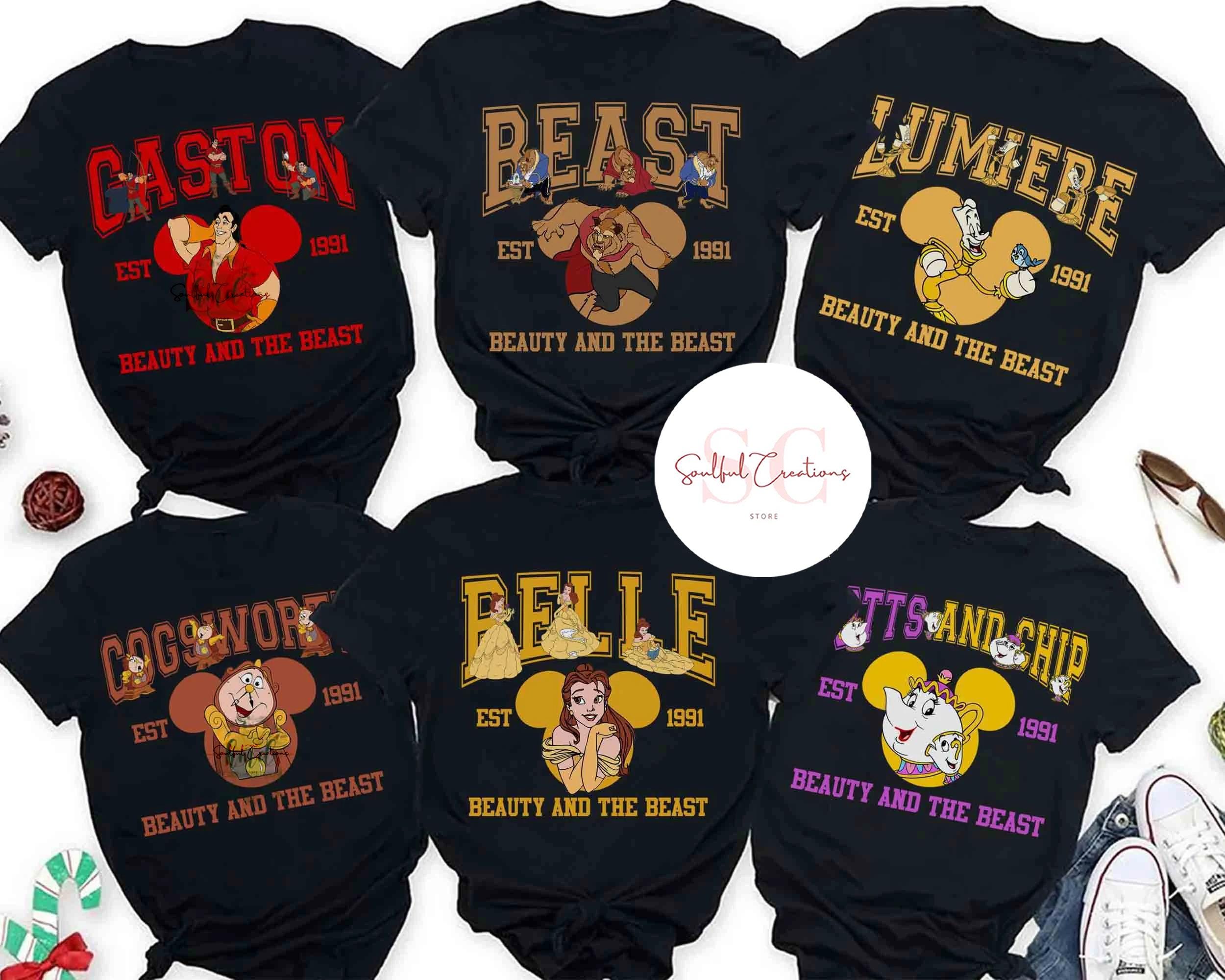 Vintage Disney Beauty And The Beast Characters Group Custom T-Shirt, Belle Lumiere Cogsworth Gaston Matching Tee, Disneyland Family Gift