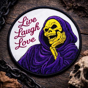 Écusson parodie personnalisé crâne en direct rire amour humour gothique gothique esthétique insigne thermocollant, idée cadeau punk