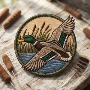 May include: A circular embroidered patch featuring a mallard duck in flight over blue water and green reeds. The duck has a green head, yellow beak, and brown and white wings with green accents. The patch has a dark green stitched border.