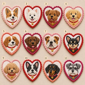 May include: A collection of heart-shaped embroidered patches, each depicting a different dog breed. The patches feature detailed dog portraits with red collars and gold heart pendants, set against a white background with a scalloped edge.