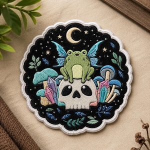 May include: Embroidered patch featuring a green frog with fairy wings sitting on a skull. The patch has a black background with a crescent moon, stars, mushrooms, and crystals. The patch is round with a white scalloped edge.