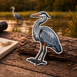 May include: A detailed sticker of a Great Blue Heron, featuring shades of gray, blue, and brown. The sticker is placed on a weathered wooden surface, with a blurred background of a lake and other herons. The sticker is approximately 4 inches tall.
