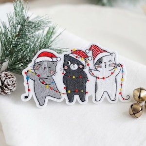 Custom Christmas Cat Embroidered Patch, Iron On, Sew On, Hook and Loop, Three Cats Holiday Patch, Cute Cat Lover Christmas Gift