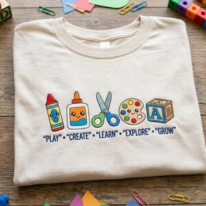 Custom Embroidered Teacher Sweatshirt, Cute Art Supplies Crewneck, Play Create Learn Explore Grow Classroom Gift