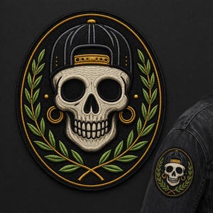 Custom embroidered skull patch street style skeleton design with cap urban embroidery for jacket vest hat edgy fashion gift