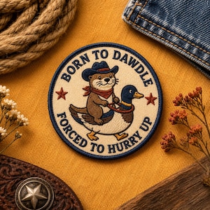 Custom Embroidered Funny Otter Riding Duck Patch Iron On Western Animal Badge Humor Cowboy Wildlife Jacket Vest Hat