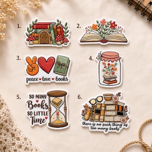 May include: Six embroidered patches featuring book-themed designs. Patch 1 shows books and mushrooms. Patch 2 is an open book with flowers. Patch 3 says peace love books. Patch 4 is a jar with flowers and books. Patch 5 shows an hourglass and text. Patch 6 shows stacked books and text.
