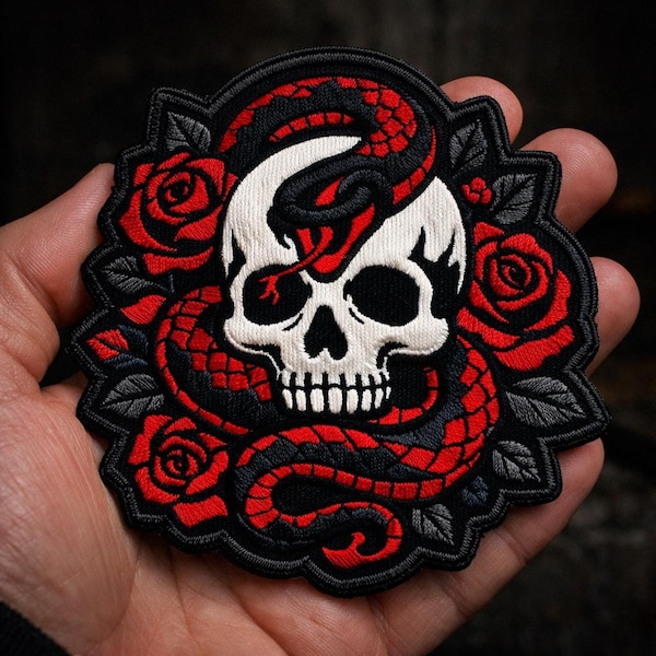 Custom embroidered skull snake patch with roses gothic tattoo style design iron on applique for jacket vest backpack clothing