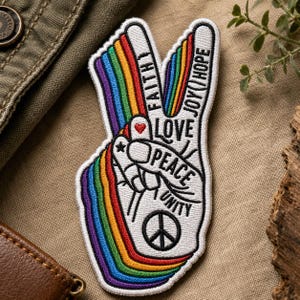 May include: Embroidered patch in the shape of a peace sign hand gesture, featuring a rainbow design. The patch includes the words "Faith," "Love," "Peace," "Unity," "Joy," and "Hope." A heart and peace symbol are also included in the design.
