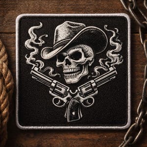 Custom embroidered skull cowboy patch western outlaw skeleton design vintage biker style iron on badge for jacket backpack
