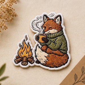May include: Embroidered patch showing a fox in a green sweater, drinking from a mug next to a campfire. The fox has brown fur and a white-tipped tail. The patch has a white border and is set against a neutral background.