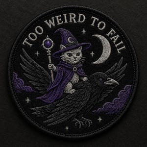 May include: Embroidered patch with a grey cat in a wizard's hat and cape, riding a black raven. The text "TOO WEIRD TO FAIL" is in white, with a crescent moon and stars on a black background.