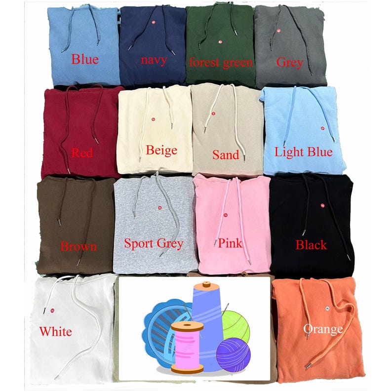 Puede incluir: Una colecci&oacute;n de sudaderas con capucha en varios colores, incluyendo azul, marino, verde bosque, gris, rojo, beige, arena, azul claro, marr&oacute;n, gris deportivo, rosa, negro, blanco y naranja. Cada sudadera tiene un cord&oacute;n y un peque&ntilde;o acento rojo. Tambi&eacute;n se incluye un gr&aacute;fico de suministros de costura.