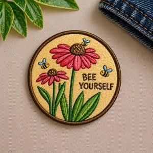 May include: Embroidered patch with a yellow background, featuring two pink coneflowers, green leaves, and three cartoon bees. The text "BEE YOURSELF" is embroidered in a brown font. The patch has a brown border.