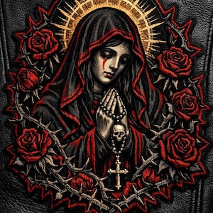 May include: Embroidered patch featuring a religious figure with a halo, wearing a black and red hooded cloak, and holding a rosary with a skull pendant. The design includes red roses and a crown of thorns on a black leather background.