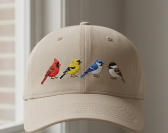 Custom Embroidered Bird Dad Hat, Colorful Songbird Lineup Cap, Minimal Nature Design, Bird Lover Gift