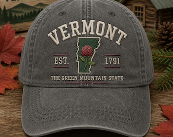 Custom Vermont Embroidered State Flower Hat, Green Mountain State Travel Cap Gift for Men Women